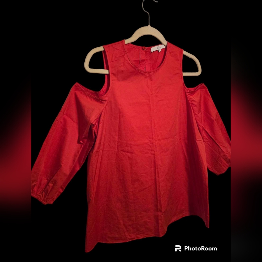 Tibi Cold Shoulder Red Party Blouse Size 6  3/4 Sleeve Pre-Owned